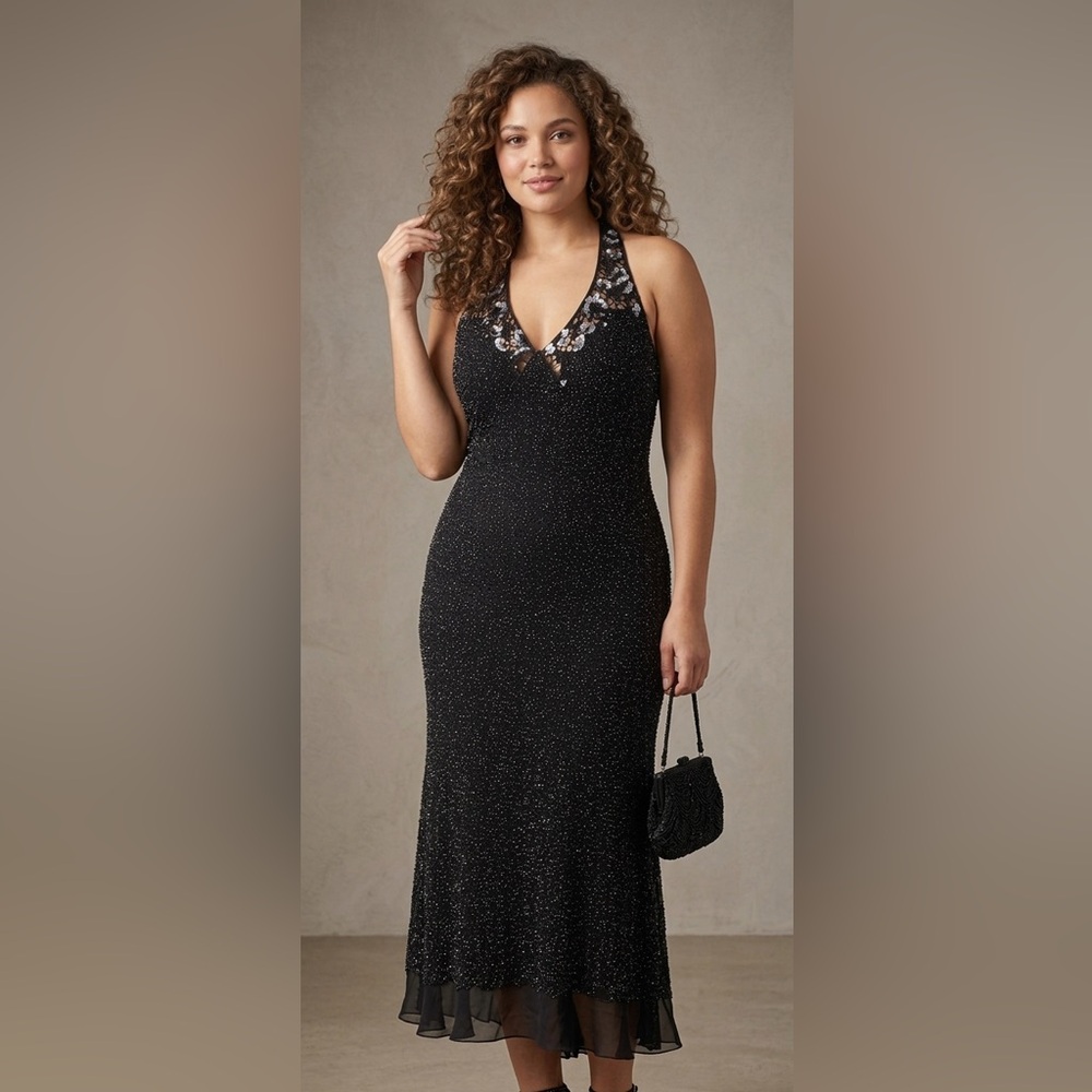 Papell Boutique Y2K Silk Beaded Halter MIDI Dress (Fixer)